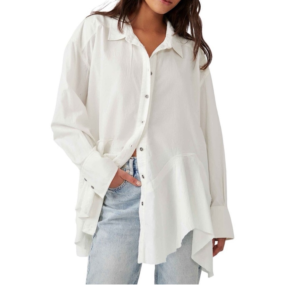 Free People We The Free White Ruffle Button-Down Shirt